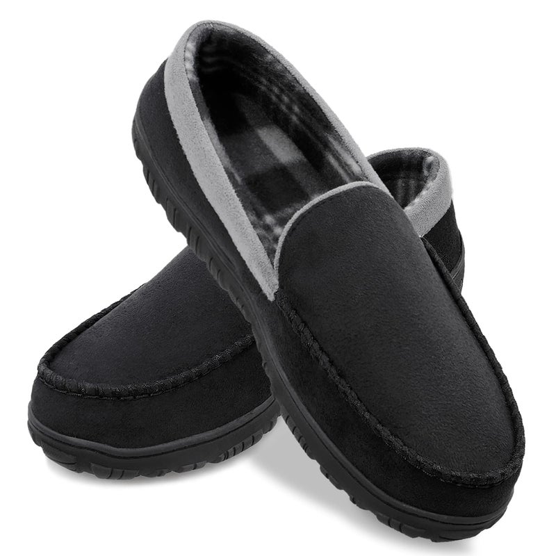 shoeslocker Men's Moccasin Slippers, Indoor Outdoor House Shoes with Memory Foam, Black Grey Size 13 - Image 1